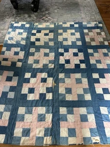 Antique 1800s Hand Stitch Indigo Blue Red Patchwork Quilt Tied Back Is ALL BLUE - Picture 1 of 15