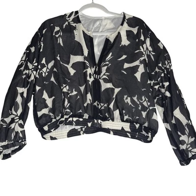 Chaqueta de seda Ralph Lauren para mujer pequeña negra blanca floral cremallera frontal blusa transparente Foto 1 de 4