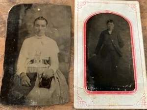 Lot of 2 1800'S Antique Tintype WOMAN WITH BOOK & MAN WALLPAPER Photo Tin Type - Picture 1 of 11