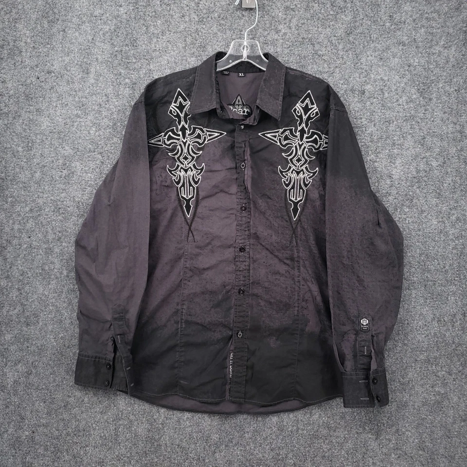 Roar Button Up Shirt Mens XL Black Embroidered  Long Sleeve Rock Western Y2K - Image 1 of 4