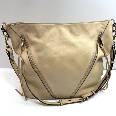 REBECCA MINKOFF 皮革流浪汉包大号金色拉链摩托单肩包钱包托特包米色 — 第 1/4 张图片