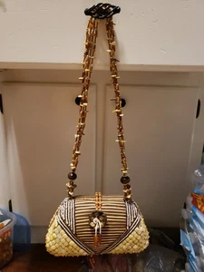 Vintage MARY FRANCES Hand Bag Clam Shell Beaded Strap Needs Small Repairs - Picture 1 of 24