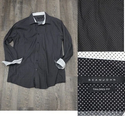 NWOT Sean John Button Down Sean Jean Dress Shirt 34/35 Reg 17.5 Neck Black White — 第 1/4 张图片