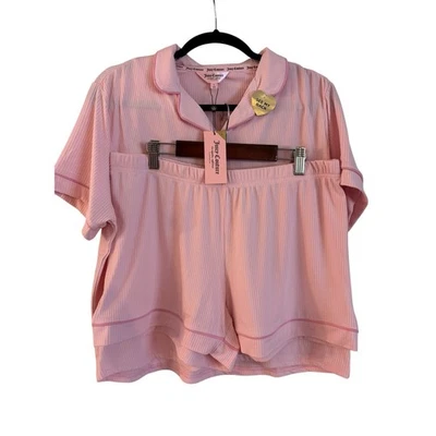 Juicy Couture Silver Studded Logo Pink Ribbed Top & Shorts Pajama Set Size Large - Image 1 of 4