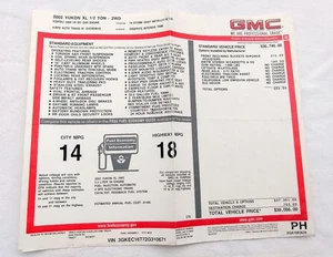 2002 GMC YUKON 5.3L 4-Speed A/T Genuine Original Monroney Window Sticker $38,066 - Picture 1 of 4