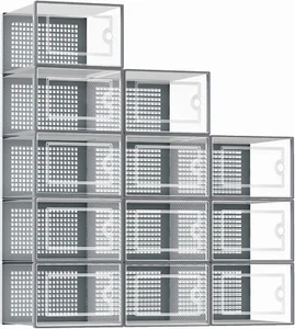 Shoe Organizer Storage Boxes for Closet 12 Packs Grey, Clear Plastic Stackable S - Picture 1 of 12