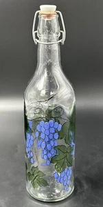 Hand Painted Clear Glass Bottle with Grapes and Leaves with Stopper 13 in Tall - Picture 1 of 6