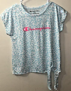 Champion Blue and White Leopard Print Tie-Front Top. Girls Youth 7/8 - Picture 1 of 5