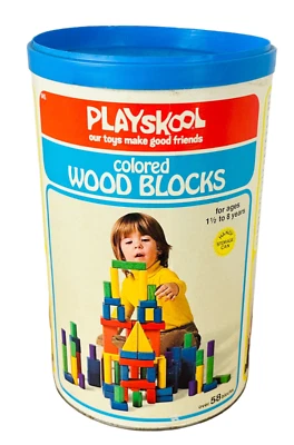 PLAYKOOL ДЕРЕВЯННЫЙ ЦВЕТНОЙ И ПРОСТОЙ ДЕРЕВЯННЫЙ СТРОИТЕЛЬНЫЙ БЛОК 81 ШТ. БАНКА ДЛЯ СТОАРАЖА 1976 - Изображение 1 из 4