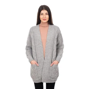 SAOL Long Open Front Cardigan Women's Irish Merino Wool Blend with Pockets - Picture 1 of 9