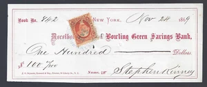 1869 Bowling Green Savings Bank  NY check w/ revenue stamp nicely canceled - Picture 1 of 2