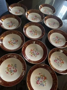 Stetson Co. Chicago Made In USA Maroon Gold Rim Fruit Bowls 12 Pc - Picture 1 of 4
