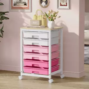 Rolling Storage Cart - 6 Drawers, Wood Top, Lockable Wheels, Pink - Picture 1 of 12