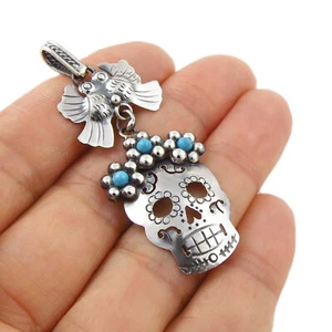 Mexican Day of the Dead Sugar Skull and Doves 925 Sterling Silver Pendant - Picture 1 of 5
