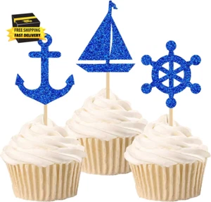 30Pcs Blue Glitter Nautical Cupcake Toppers Food Fruit Picks Cake Decoration for - Picture 1 of 4