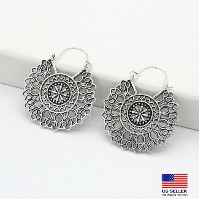 Модные женские винтажные старинные серебряные серьги полый абстрактный диск цветы 1970 - Изображение 1 из 3
