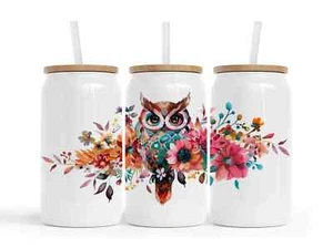 Lata de vidrio Floral Owls III 16 OZ, regalo personalizado - Imagen 1 de 1