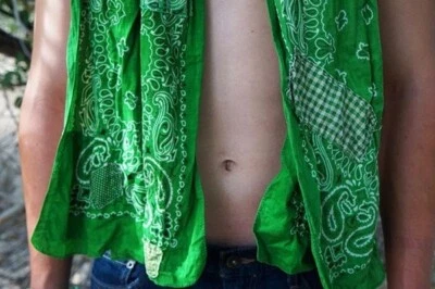 Green Vintage Sexy BORO SCARF Bandanna Patchwork Patched Workwear Mens Wabi Sabi - Image 1 of 4