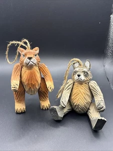 Set Of 2 Hand Carved Wood Figurine Hanging Ornaments Squirrel And Raccoon - Picture 1 of 8