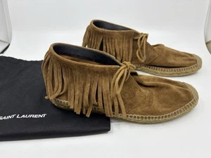 Saint Laurent Caramel Tan Suede Fringed Moccasin Booties Size 40 - Picture 1 of 14