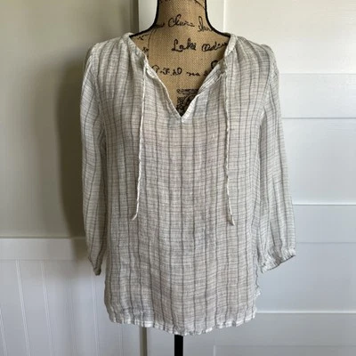 EILEEN FISHER Size Small Ivory Grey Plaid Linen Top Pullover Sheer Petite - Image 1 of 4