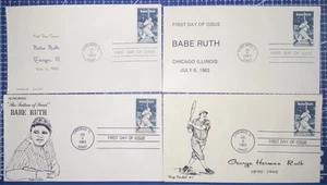 4 different U.S. #2046 Babe Ruth FDCs Hudeck Cachets (3) & Koplin Cachet (1) - Picture 1 of 10