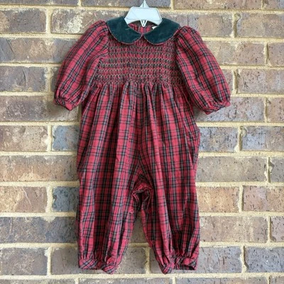 Vintage Class Club Smocked Red Green Tartan Plaid Bubble Romper Size 12M - Image 1 of 4