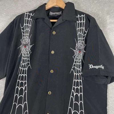 Vintage Y2K Dragonfly Spiderweb  Button Up Shirt Mens Medium Black Embroidered - Image 1 of 4