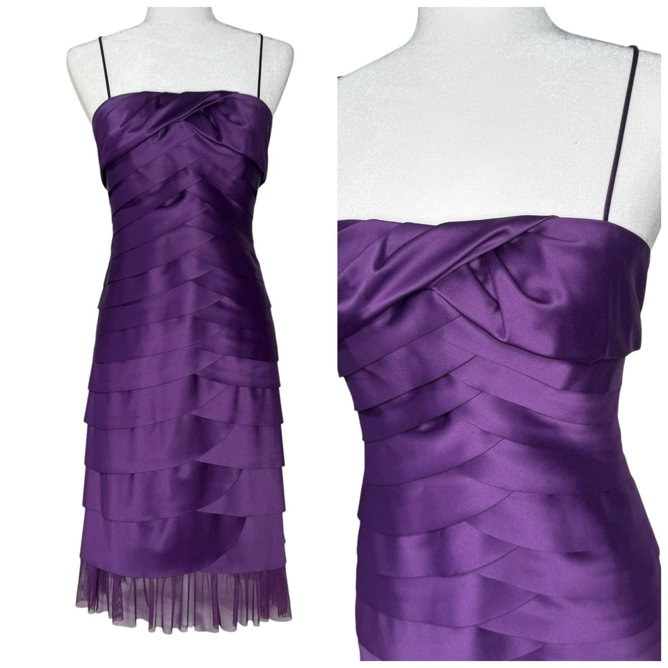 VTG Y2K JS Collection Dress 6 Mermaid Scalloped Ruffle Layered Purple Satin - Image 1 of 4