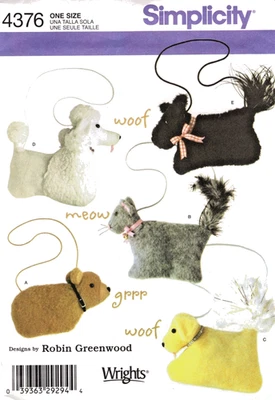 Animal Bags Simplicity Sewing Pattern 4376 Dog & Cat Purses, Robin Greenwood - Image 1 of 2