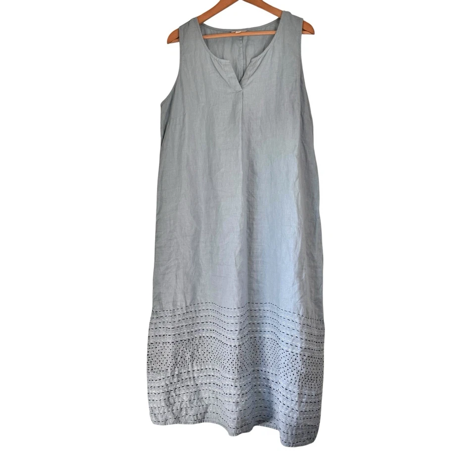 J Jill Pure Jill 100% 亚麻蓝色刺绣无袖长裙大号小号 — 第 1/4 张图片