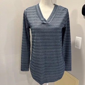 LOFT Women's Blue Print Knit Viscose V Neck Long Sleeve Pullover Top Blouse S - Picture 1 of 6