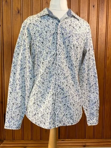WHITE STUFF Men's White Blue/Grey Cotton Shirt Peacocks & Birds Pocket Size S - Imagen 1 de 9