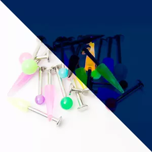 20 Pack 14 Gauge Labret Monroe Piercing Glitter Acrylic UV Glow Surgical Steel - Picture 1 of 10