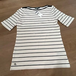 LAUREN Ralph Lauren Top Women’s L White Black Striped 3/4 Sleeve Shirt Wide Neck - Picture 1 of 9