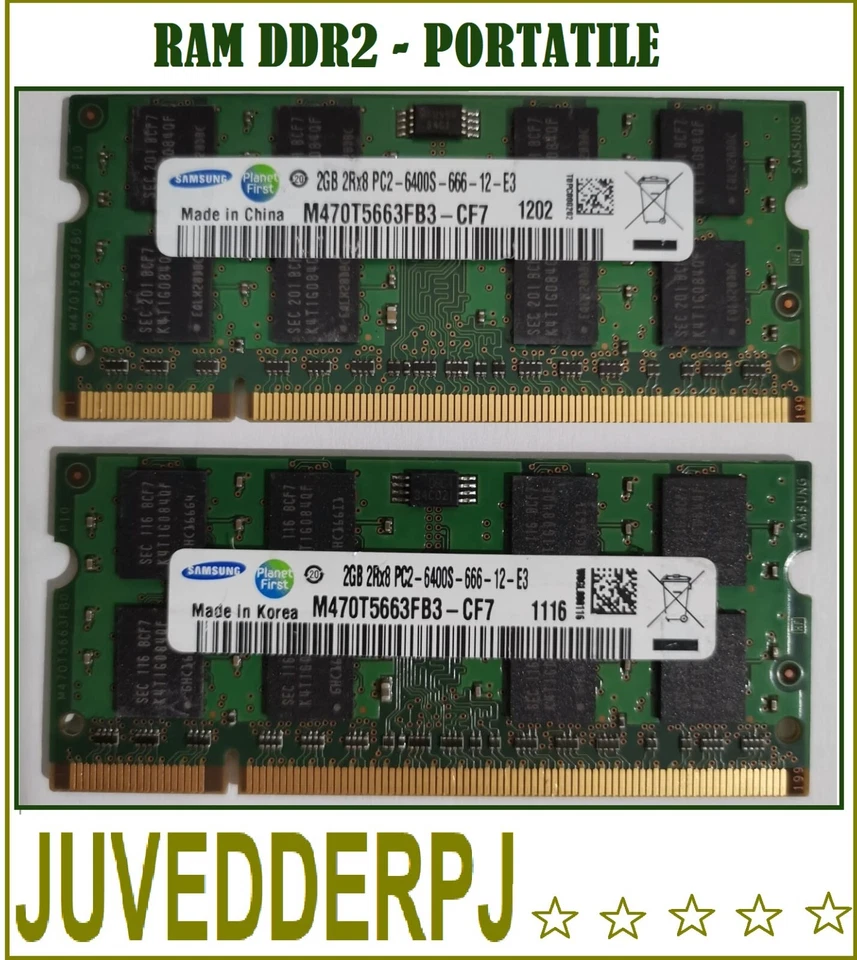 KIT MEMORIA RAM 4GB SAMSUNG 2x2GB) DDR2 PC2-6400S 800Mhz SODIMM PORTATILI LAPTOP - Immagine 1 di 1
