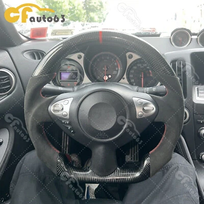 For 2009-2021 Nissan 370Z Z34 Real Carbon Fiber Alcantara Leather Steering Wheel - Image 1 of 4