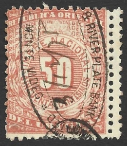 Uruguay 1875 Revenue Document Timbre Nacional 50c Red DOUBLE PERF VAR. VG Used - Picture 1 of 2