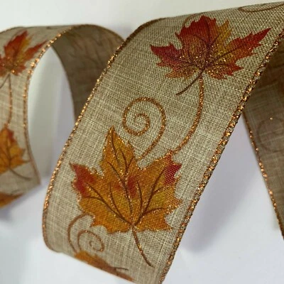Fall Leaves Kirkland Wire Edged Ribbon 5 Yards Burlap Autumn Decor Bow Gift 2.5" - Image 1 of 4