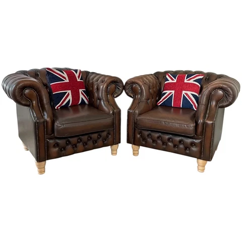 Pair British Vintage Chesterfield Style Tan Leather Country Town Club Armchairs Cover