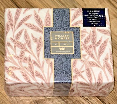 4-Pc William Morris Original Willow Plaster King Sheet Set White Blush Pink Leaf - Image 1 of 3