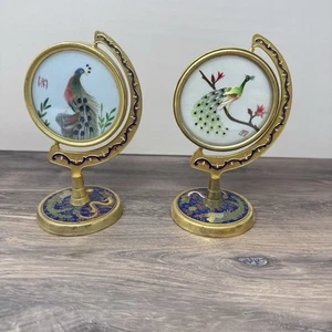 2 Vintage Peacock Asian Brass Cloisonne Swivel Silk Art Picture - Picture 1 of 6