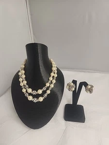 Vintage Faux Pearl And Rhinestone Necklace & Clip On Earring Set - Picture 1 of 20