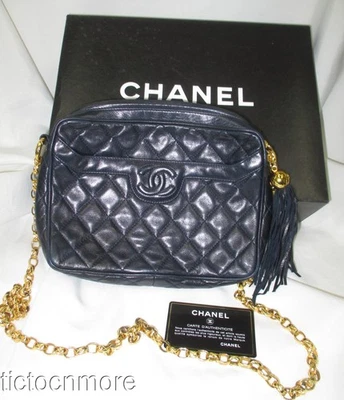 RETRO CHANEL BLUE QUILTED LAMBSKIN TASSEL CAMERA CASE SHOULDER BAG PURSE & BOX - Image 1 of 4