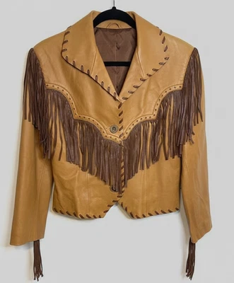 Chaqueta de cuero recortada con flecos occidentales para mujer marrón vaquera vintage estilo boho Foto 1 de 4