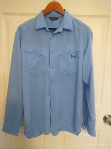 Under Armour Camicia Uomo Grande Blu HeatGear Roll Up Manica Lunga Bottoni Pesca - Foto 1 di 3