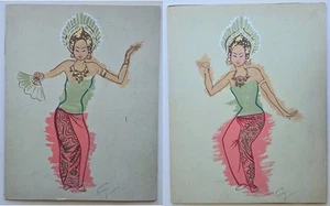 Pair of Vintage Bill Seay Original Paintings Asian Dancers Sascha Brastoff - Picture 1 of 13