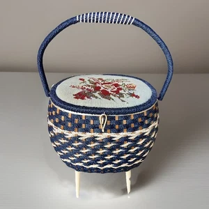 VTG LRG Standing NEEDLEPOINT FOOTED SEWING BASKET LINED - JC PENNEY JAPAN MCM - Picture 1 of 12
