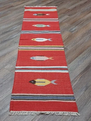 Alfombra bohemia turca, (árbol de la vida) alfombra turca diseño pez, hecha a mano, 2x8 pies Foto 1 de 4