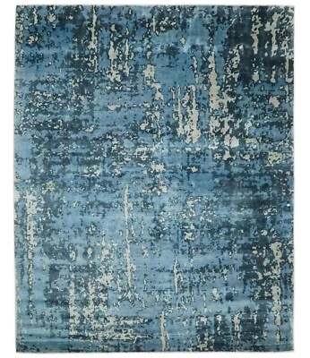 Alfombra grande 8x10 azul y gris abstracta moderna de bambú seda | QT19 Foto 1 de 4